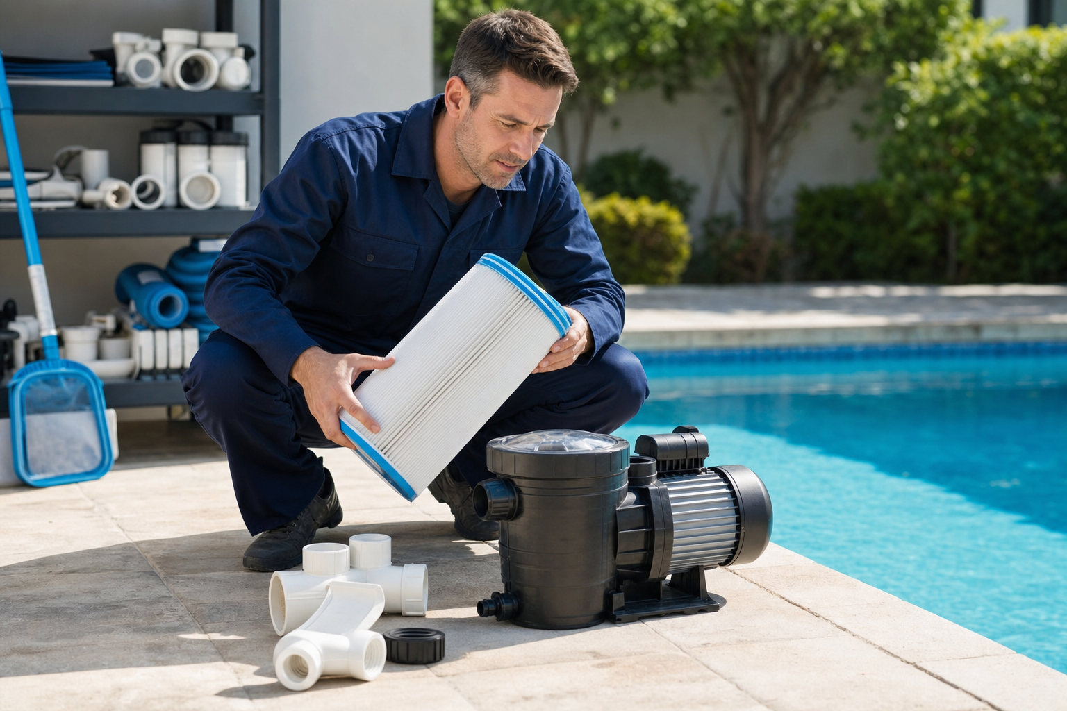 Técnico revisando recambio de piscina